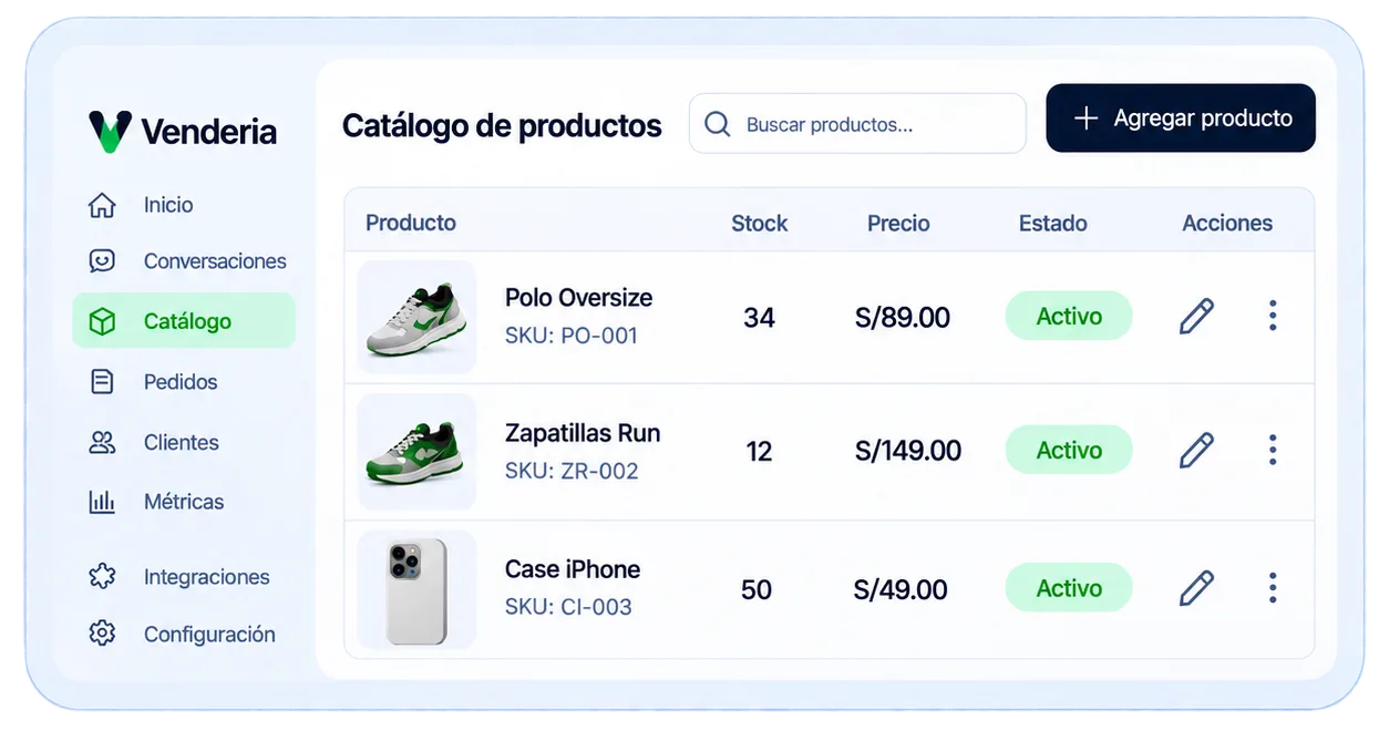 Catálogo de productos de VenderIA con stock, precio y estado