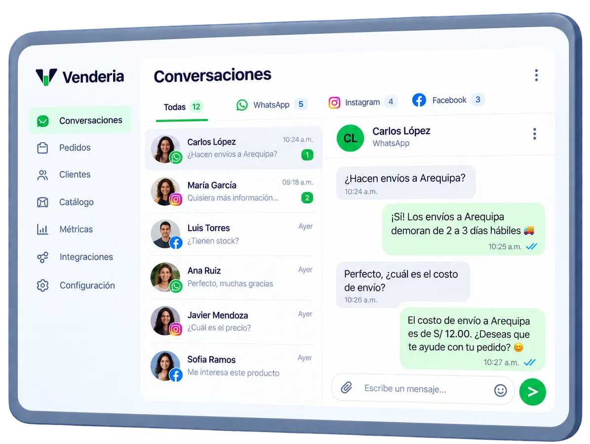 Bandeja de conversaciones de VenderIA con WhatsApp, Instagram y Facebook