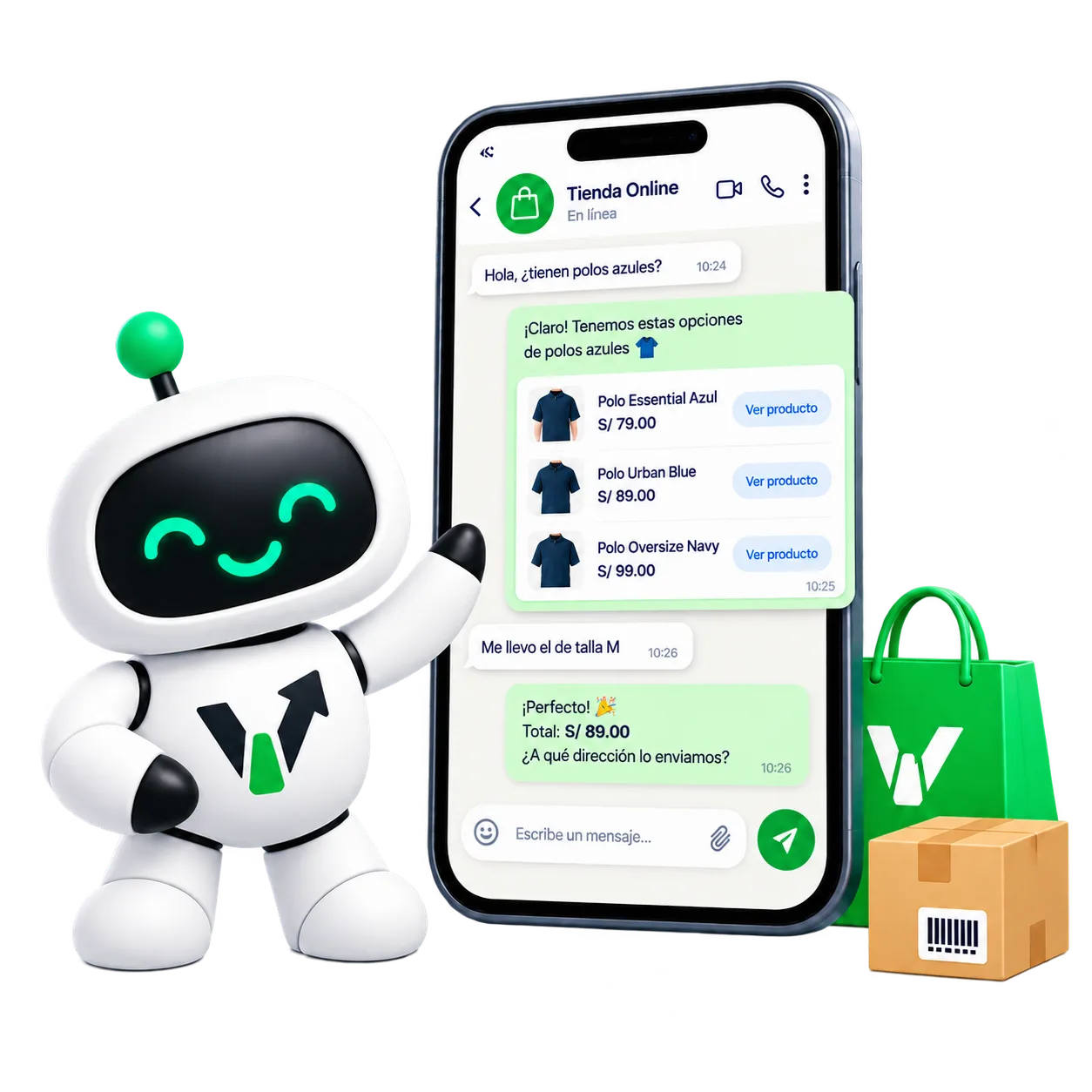 Robot de VenderIA junto a un chat de WhatsApp recomendando productos y confirmando un pedido